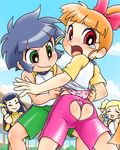  akazutsumi_momoko ass ass_cutout black_hair blush bow embarrassed goutokuji_miyako hair_bow lowres matsubara_kaoru mochi-iri_kinchaku multiple_girls orange_hair panties powerpuff_girls_z tears underwear wedgie 