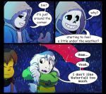  absolutedream animated_skeleton asriel_dreemurr bone boss_monster bovid caprine comic_sans dialogue english_text human mammal protagonist_(undertale) raining sans_(undertale) skeleton text umbrella undead undertale video_games 