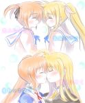  2girls blonde_hair blush brown_hair couple fate_testarossa hair_ornament hair_ribbon happy imminent_kiss kerorokjy kiss long_hair lyrical_nanoha mahou_shoujo_lyrical_nanoha military military_uniform multiple_girls ribbon school_uniform short_hair short_twintails side_ponytail simple_background smile takamachi_nanoha translation_request twintails uniform white_background yuri 