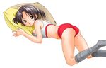  black_hair bra breast_press breasts buruma copyright_request green_eyes inuburo lingerie lying pillow short_hair small_breasts smile socks solo sports_bra twintails underwear 