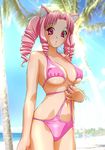  animal_ears beach bikini day drill_hair original outdoors pink_eyes pink_hair quad_tails solo swimsuit ueyama_michirou 