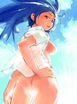  ass backlighting blue_hair bottomless day hand_on_hip igarasy long_hair looking_back naked_shirt open_clothes open_shirt original red_eyes shirt sky solo standing sunlight wind 