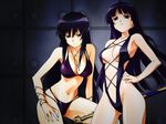  bikini black_hair blue_eyes breasts cleavage hand_on_hip highleg highleg_swimsuit highres jewelry jinki large_breasts long_hair multi-strapped_bikini multiple_girls necklace purple_eyes shiva_(jinki) smile staff swimsuit tsunashima_shirou tsuzaki_shizuka wallpaper 