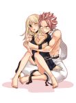  1boy 1girl barefoot belt black_jacket blonde_hair blush breast_grab breasts brown_eyes cleavage collarbone couple earrings fairy_tail grabbing heart heart_earrings indian_style jacket jewelry large_breasts long_hair long_sleeves lucy_heartfilia nail_polish natsu_dragneel one_eye_closed pants parted_lips pink_hair pink_nails saku_sanotsuki scarf simple_background sitting sitting_on_person spiked_hair tattoo white_background white_pants white_scarf 