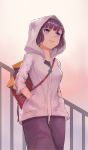  1girl backpack bag cowboy_shot fate/grand_order fate_(series) from_below grey_jacket hands_in_pocket hood hood_up hooded_jacket jacket katsushika_hokusai_(fate/grand_order) looking_afar looking_up parted_lips purple_eyes purple_hair purple_skirt quentin_lecuiller shiny shiny_hair short_hair skirt smile solo standing white_background 