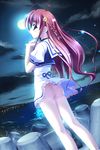  asanagi_mio asanagi_no_aquanauts ass blue_eyes dutch_angle highres moon night no_panties red_hair school_uniform solo wind wind_lift yamino_kenji 