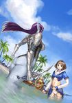  armor ass beach blue_skin dark_elf dark_elf_(lineage_2) day elf elf_(lineage_2) garex human_(lineage_2) knife lineage lineage_2 midriff multiple_girls outdoors panties pointy_ears purple_hair skirt skirt_lift staff sword underwear water weapon wet 