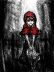  1girl artist_request glowing glowing_eyes grimm's_fairy_tales horror_(theme) little_red_riding_hood little_red_riding_hood_(grimm) pale_skin red_eyes severed_head solo white_hair wolf 