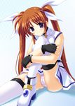  brown_hair cameltoe gloves lyrical_nanoha mahou_shoujo_lyrical_nanoha_strikers panties pantyshot purple_eyes rakkyo solo striped striped_panties takamachi_nanoha thighhighs twintails underwear 