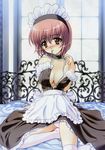  absurdres bed blush breasts brown_hair choker cleavage copyright_request highres large_breasts maid mouth_hold panties red_eyes short_hair solo thighhighs toma_(asagayatei) underwear undressing 