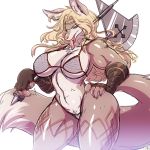  2019 amazon_(dragon&#039;s_crown) anthro armband armor avoid_posting axe battle_franky big_breasts bikini blonde_hair blue_eyes breasts canid canine canis chainmail_bikini clothing dragon&#039;s_crown female hair hand_on_hip mammal melee_weapon muscular muscular_female portrait solo swimsuit tattoo thick_thighs three-quarter_portrait tongue tongue_out unconvincing_armor weapon wide_hips wolf 