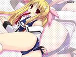  blonde_hair blush fate_testarossa hair_ribbon hayashi_sakura long_hair lyrical_nanoha mahou_shoujo_lyrical_nanoha_strikers mouth_hold name_tag no_pants one-piece_swimsuit open_clothes open_shirt ribbon school_swimsuit shirt solo swimsuit swimsuit_under_clothes twintails undressing zoom_layer 