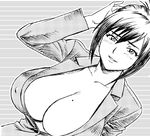  blush breasts business_suit cleavage covered_nipples dutch_angle formal fusano_fumie greyscale huge_breasts milk_junkies milk_junkies_2 mole mole_on_breast monochrome no_bra short_hair smile solo suit tatsunami_youtoku 