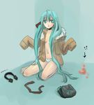  1girl antenna_hair aqua_eyes aqua_hair bad_id bad_pixiv_id barefoot brown_coat censored clothes_removed coat directional_arrow fur-trimmed_hood hair_between_eyes hair_down hatsune_miku headphones headphones_removed hood hood_down kai_(pixiv93444) long_hair looking_at_viewer mosaic_censoring open_clothes open_coat oversized_clothes panties petite sitting sleeves_past_fingers sleeves_past_wrists solo striped striped_panties underwear very_long_hair vocaloid 