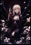  1girl artoria_pendragon_(all) black_background black_dress black_sleeves blonde_hair breasts chains choker cleavage collarbone crown dark_excalibur dress eyebrows_visible_through_hair fate/stay_night fate_(series) flower holding holding_sword holding_weapon lily_(flower) long_dress long_sleeves looking_at_viewer medium_breasts mento parted_lips petals print_sleeves saber_alter short_hair_with_long_locks shrug_(clothing) sidelocks sitting small_breasts solo sword weapon white_flower yellow_eyes 