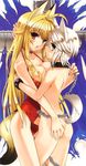  absurdres ahoge animal_ears ass ass_grab asymmetrical_docking blonde_hair blue_eyes blush breast_press breasts chain cleavage collar ezomori_nozomu fox_ears grabbing_another's_ass groping highres hug huge_filesize kanokon koin_(foxmark) leash long_hair medium_breasts minamoto_chizuru multiple_girls nude short_hair silver_hair small_breasts tail white_hair wolf_ears yellow_eyes yuri 