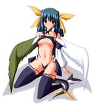  asymmetrical_wings bare_shoulders black_legwear blue_hair boots breasts choker detached_sleeves dizzy guilty_gear hair_ribbon kneeling large_breasts maebari nipple_slip nipples red_eyes revealing_clothes ribbon solo tail tail_ribbon thighhighs twintails wings 