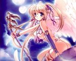  angel ass bare_shoulders blonde_hair blue_eyes blush breasts copyright_request hair_ribbon ishida_hiroyuki large_breasts long_hair ribbon sideboob solo thighhighs twintails wallpaper wings 