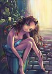  1girl alley barefoot breasts cute ecchi erect_nipples feet green_eyes highres kobayashi_yuji legs nagko nipples nude outdoors outside solo sweat toes trash_can trashcan zenra 