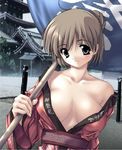  bare_shoulders breasts brown_hair cleavage copyright_request japanese_clothes jpeg_artifacts large_breasts solo washimi_tsutomu 