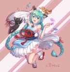  1girl :d absurdres animal_ears arm_up blue_eyes blue_hair blush braid breasts cat cat_ears detached_sleeves eyebrows_visible_through_hair floating_hair frilled_skirt frills full_body hair_between_eyes hand_on_head hat hatsune_miku hatsune_speed:_hatsune_miku_roller_skating_music highres hiroshi_taeru_qwq japanese_clothes kimono legs_up long_hair long_sleeves musical_note open_mouth red_ribbon ribbon ribbon-trimmed_sleeves ribbon_trim shiny shiny_hair sideboob skirt sleeveless sleeveless_kimono small_breasts smile solo twin_braids twintails very_long_hair vocaloid white_hat white_legwear white_skirt white_sleeves wide_sleeves 