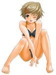  ;p barefoot bikini brown_hair copyright_request feet hair_ornament hairclip inuburo lowres one_eye_closed short_hair simple_background sitting solo swimsuit tongue tongue_out 