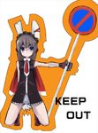  animal_ears bad_id bad_pixiv_id blue_eyes bunny_ears cape copyright_request kneeling koba long_hair no_panties road_sign sign silver_hair solo 