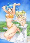  armpits arms_up bikini blonde_hair blue_eyes blue_hair breasts cleavage day diving_block forest garex innertube jumping large_breasts multiple_girls nature open_mouth orange_bikini original outdoors parasol pool ribs short_hair sky swimsuit twintails umbrella water_slide waterpark 