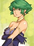  aya_kobayashi bare_shoulders breasts cleavage earrings elbow_gloves fumio_(rsqkr) gloves green_eyes green_hair jewelry medium_breasts short_hair solo super_robot_wars 