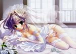  absurdres bed blush breasts bride cleavage copyright_request dress earrings elbow_gloves flower garter_belt gloves green_eyes highres izumi_tsubasu jewelry legs_together lying medium_breasts necklace panties purple_hair rose solo thighhighs underwear wedding_dress white_flower white_rose 