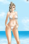  bikini brown_hair day earrings gensou_suikoden gensou_suikoden_v jace jewelry ocean purple_eyes sialeeds_falenas solo swimsuit thong_bikini water 