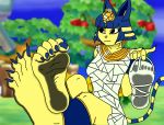  5_fingers 5_toes animal_crossing ankha_(animal_crossing) barefoot big_feet blue_nails claws colored_nails dirty_feet domestic_cat feet felid feline felis female fingers flip_flops foot_fetish foot_focus humanoid_hands impatient large_feet mammal nintendo raidenthedeoxys_(artist) soles toe_claws toes video_games 