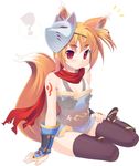  amasa_mitsunaru animal_ears bangs bare_shoulders blush breasts cleavage closed_mouth eyebrows_visible_through_hair fox_ears fox_mask fox_tail long_hair looking_at_viewer mask mask_on_head ninja ninja_(ragnarok_online) obi orange_hair purple_legwear ragnarok_online red_eyes red_scarf sash scarf see-through short_eyebrows shoulder_tattoo signature sitting solo tail tattoo thighhighs yokozuwari 