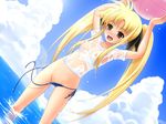  40010prototype ball beachball bikini blonde_hair blush breasts day fate_testarossa long_hair lyrical_nanoha mahou_shoujo_lyrical_nanoha nipples ocean red_eyes see-through shirt side-tie_bikini small_breasts solo swimsuit twintails untied untied_bikini wardrobe_malfunction wet wet_clothes wet_shirt 