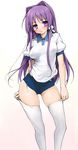  ass_visible_through_thighs blush breasts buruma clannad covered_nipples flying_sweatdrops fujibayashi_kyou groin gym_uniform hair_intakes hair_ribbon highres holding ishikei long_hair looking_at_viewer medium_breasts purple_eyes purple_hair pussy ribbon see-through short_sleeves simple_background solo standing thighhighs thighhighs_pull third-party_edit very_long_hair white_background white_legwear 