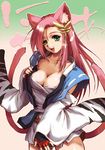  animal_ears breasts cat_ears cleavage fingerless_gloves gloves green_eyes hair_ornament hairpin hisahiko koma_(srw) large_breasts long_hair multiple_tails pink_hair smile solo super_robot_wars super_robot_wars_og_saga_mugen_no_frontier tail undressing 