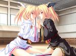  2girls bisexual_(female) blonde_hair clothed_sex cowgirl_position cunnilingus eye_contact ffm_threesome game_cg girl_on_top group_sex hair_ornament hetero highres holding_hands incest looking_at_another magus_tale multiple_girls nina_geminis oral red_eyes rena_geminis reverse_spitroast saliva saliva_trail sex siblings sisters sitting sitting_on_face sitting_on_person straddling sweat tenmaso threesome tongue twincest twins twintails 