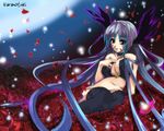  breast_grab breasts cleavage facial_mark flower grabbing head_wings karanotsuki large_breasts long_hair lyrical_nanoha mahou_shoujo_lyrical_nanoha mahou_shoujo_lyrical_nanoha_a's red_eyes reinforce rose silver_hair solo thighhighs very_long_hair wallpaper 