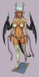  blue_nails breasts chain copyright_request dark_skin demon demon_wings dragon_girl earrings green_eyes highres horns jewelry large_breasts long_hair lowleg lowleg_panties mochisuna monster_girl nail_polish panties pointy_ears silver_hair solo tail thighhighs underboob underwear wings 