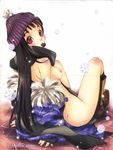  beanie black_hair body_blush boots breasts coat copyright_request hat highres kneehighs long_hair looking_at_viewer looking_back mouth_hold red_eyes sakuraniku_umatarou scan scarf sitting small_breasts snow snowflakes solo striped striped_scarf 