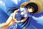  absurdres black_hair blue blue_eyes cloud day dress dutch_angle hat highres kobuichi kousaka_chihaya light_rays long_hair natsuzora_kanata ocean outdoors sky solo straw_hat sun_hat sunbeam sunlight water wet wet_clothes wringing_clothes 