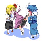  =_= black_dress blonde_hair blue_dress blue_hat dress eating hair_ribbon hat japanese_clothes kimono lowres mob_cap multiple_girls mystia_lorelei non-web_source oekaki pink_hair purple_dress ribbon rumia saigyouji_yuyuko simple_background touhou triangular_headpiece veil vore white_background wings 