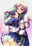  ass blush brown_eyes drill_hair frottage green_hair green_panties harukoi_otome_~otome_no_sono_de_gokigenyou~ highres holding_hands hug katagiri_hinata matsubara_reika multiple_girls orito_riru panties purple_eyes ribbon school_uniform silver_hair skirt skirt_lift smile twintails underwear yuri 