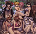  absurdres all_fours ball bikini blonde_hair blue_eyes breasts brown_eyes brown_hair choker cleavage cz drill_hair earrings everyone glasses hat highres huge_breasts huge_filesize jewelry leaning_forward long_hair mogudan multiple_girls natalie one-piece_swimsuit pacifica_casull purple_eyes purple_hair raquel_casull scrapped_princess senes_giat short_hair side-tie_bikini sitting straw_hat swimsuit winia_chester zefiris 