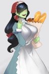  1girl apron bag black_hair blue_eyes bread breasts female_orc food green_skin hair_over_one_eye headscarf highres long_hair monster_girl nina_(scathegrapes) orc scathegrapes teeth 