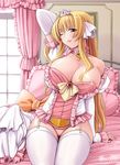  ;p arm_warmers bed blonde_hair breasts cecilia_buruushiea collar corset curvy huge_breasts kei_jiei one_eye_closed shiawase_na_ohimesama solo thighhighs tongue tongue_out wide_hips 
