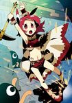  armpits boots cape dragon_slayer_iv_drasle_family hamamoto_ryuusuke lyll_(drasle_family) midriff pickaxe red_eyes red_hair rock short_hair solo sparkle 