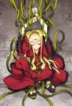  bdsm blonde_hair bondage bound closed_eyes copyright_request crown dress forehead hat long_hair neko10 plant solo tentacles thighhighs thorns torn_clothes vines 