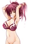  armpits arms_up bottomless bra breasts cleavage hairdressing large_breasts lingerie long_hair mouth_hold navel original pink_hair ribbon shibamine_takashi solo underwear yellow_eyes 