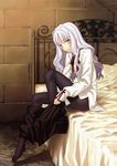  absurdres bad_knees bangs bed black_legwear black_skirt blanket blurry blush breasts caren_hortensia cross_print depth_of_field eyebrows_visible_through_hair fate/hollow_ataraxia fate/stay_night fate_(series) floor full_body hair_strand highres holding_clothes indoors knee_up long_hair long_sleeves looking_at_viewer miniskirt neck_ribbon non-web_source on_bed pantyhose plantar_flexion red_neckwear red_ribbon ribbon running_bond shirt sitting skirt skirt_around_ankles sleeves_past_wrists small_breasts takeuchi_takashi undressing wall wavy_hair white_hair white_shirt yellow_eyes 